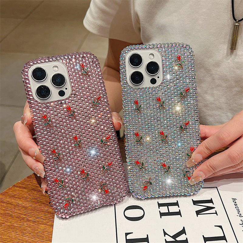 New Diamond Roses Bling Case for iPhone 16 Pro Max Full Screen 3D Flower Design Luxury Protective Cover for iphone 15 14 13 12 11