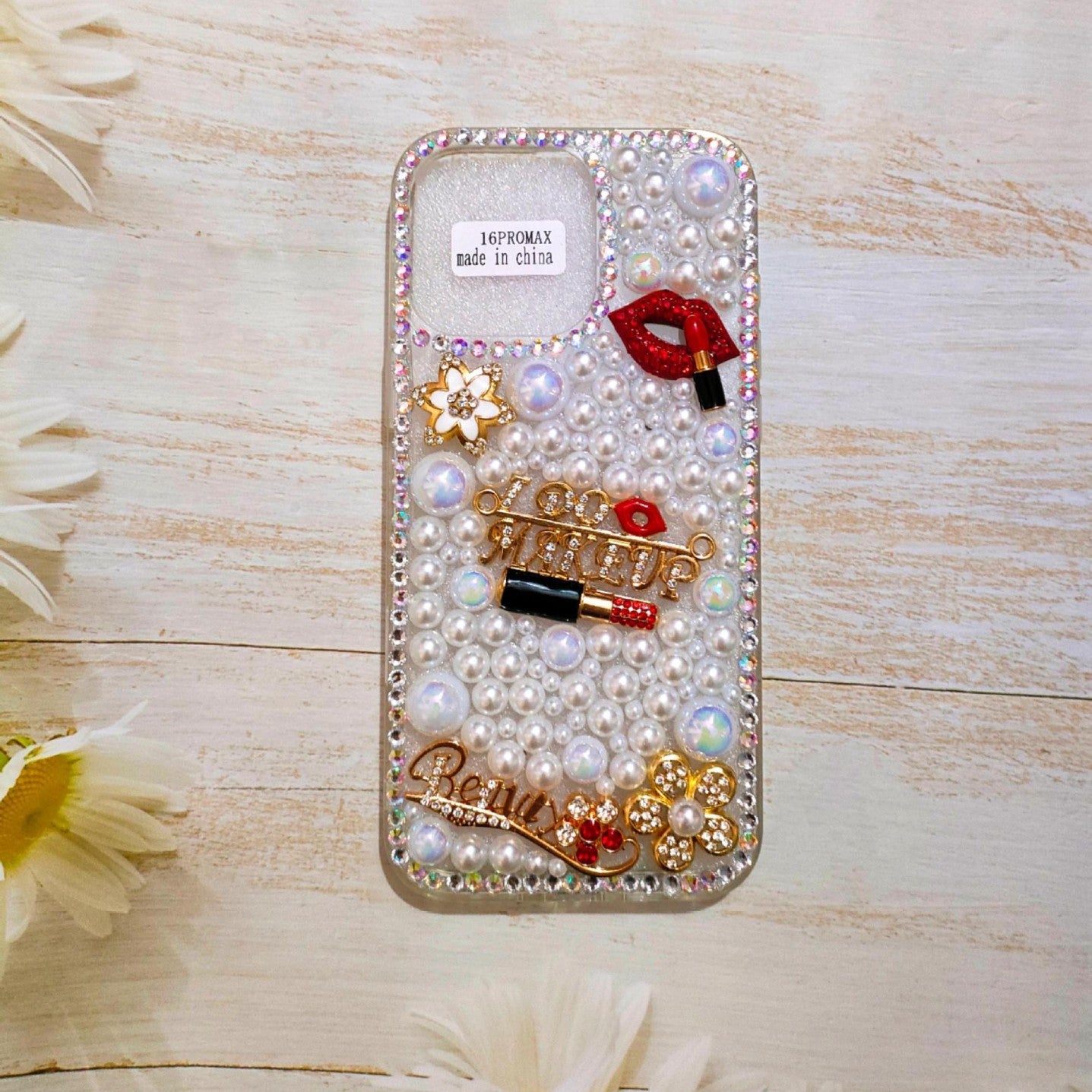Lipstick Pearl Rhinestone Case for iPhone 14 15 16 Pro Max Diamond Stick Flower Protective Cover
