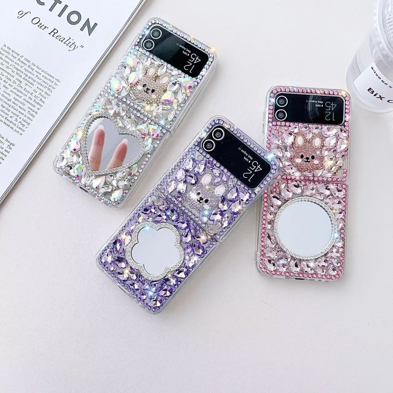Rhinestone Mirror Case for Samsung Z Flip 6 5 4 3 Folding Phone Protective Cover with make up mirror