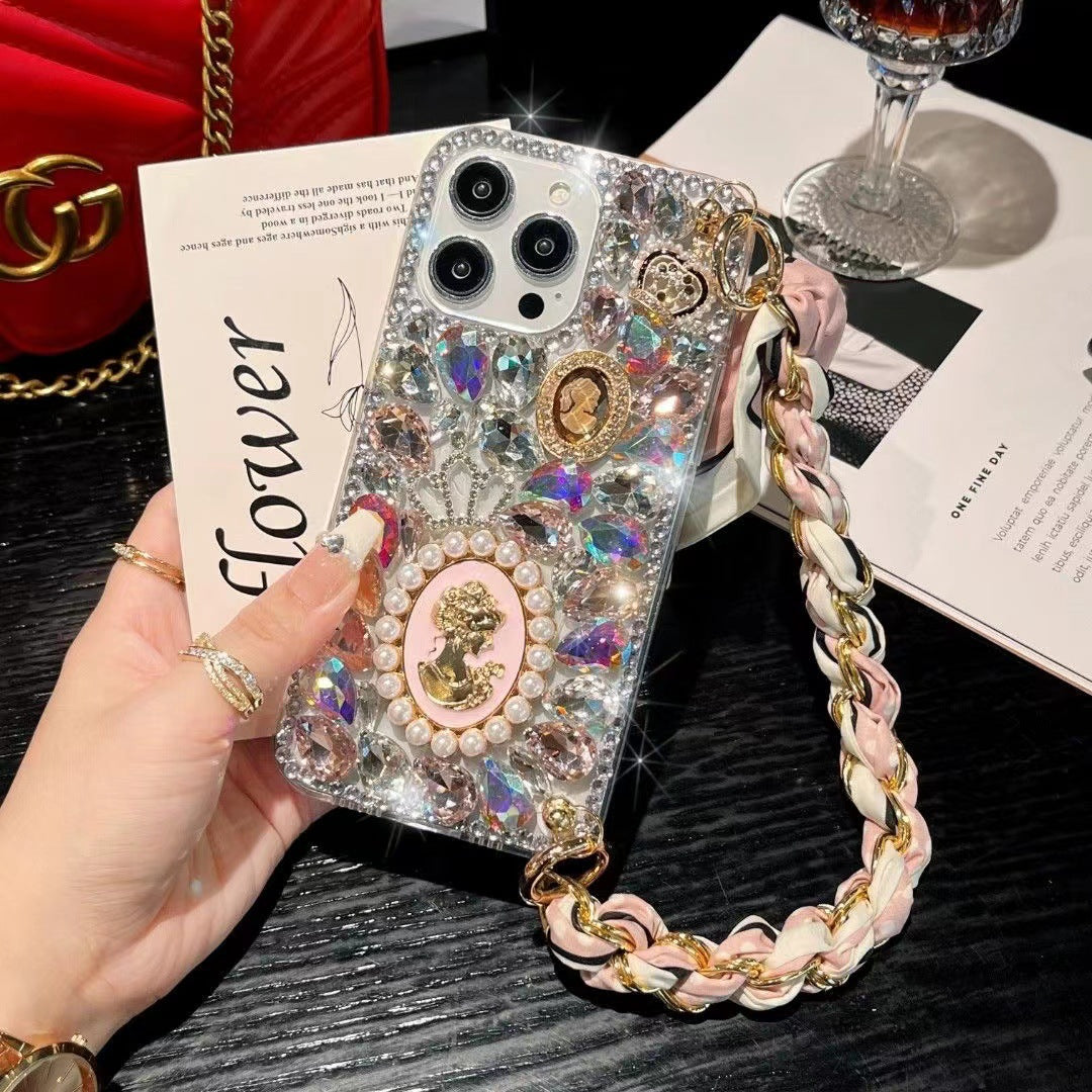 New Diamond Phone Case with Hand Chain Rhinestone Glass Cover for S25 S24 S23 S24 UL S25ULTRA