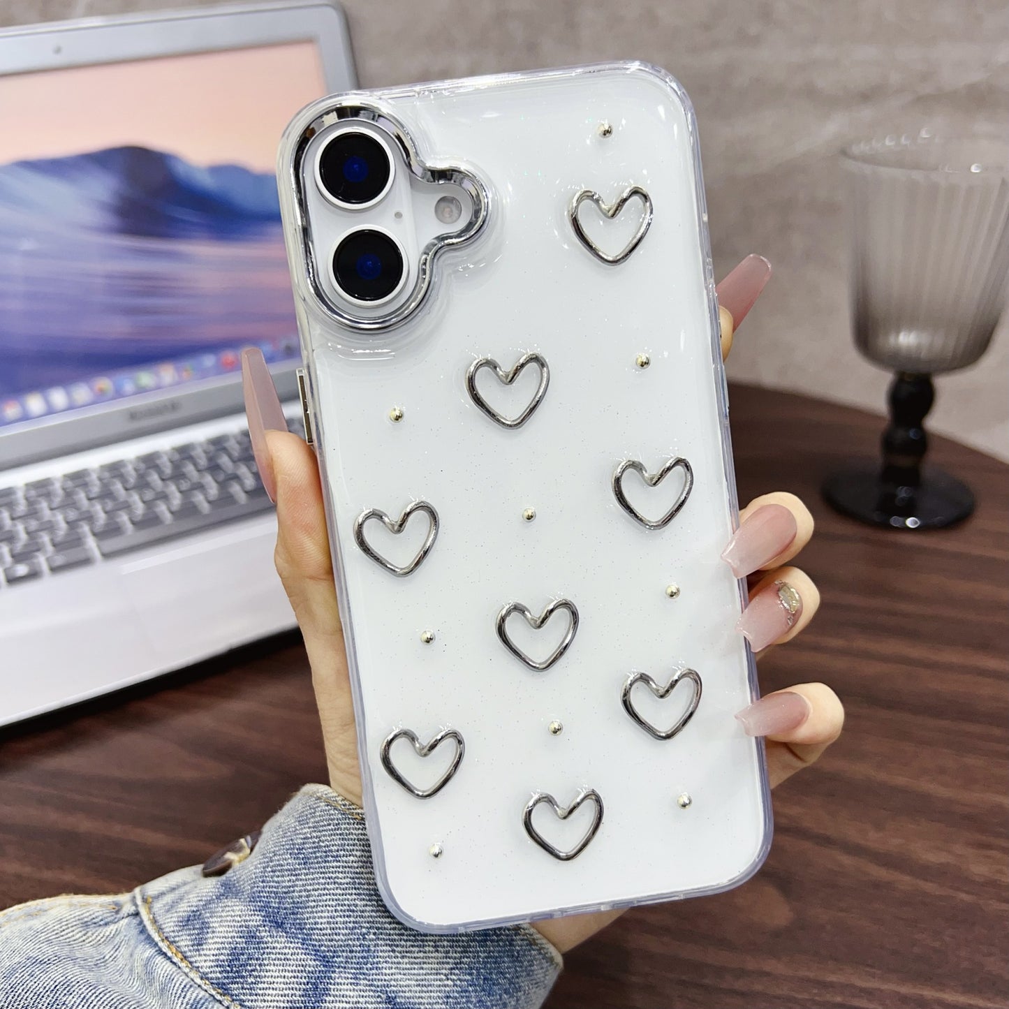 Glitter heart silver anti-drop transparent case for iphone 16 15 14 13 12 11 protective case new hot sales