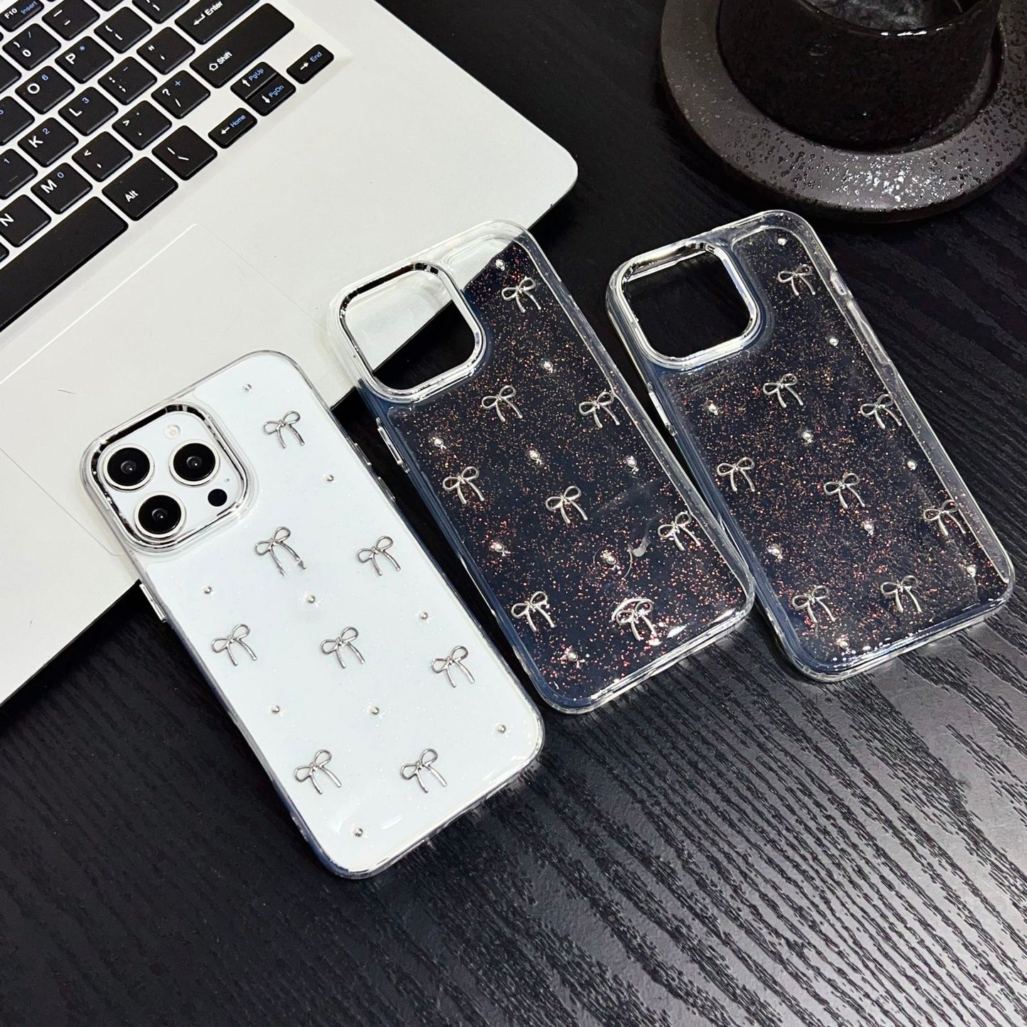 Glitter bow Silver Case for iPhone 16/15/14/13/12/11 new trendy