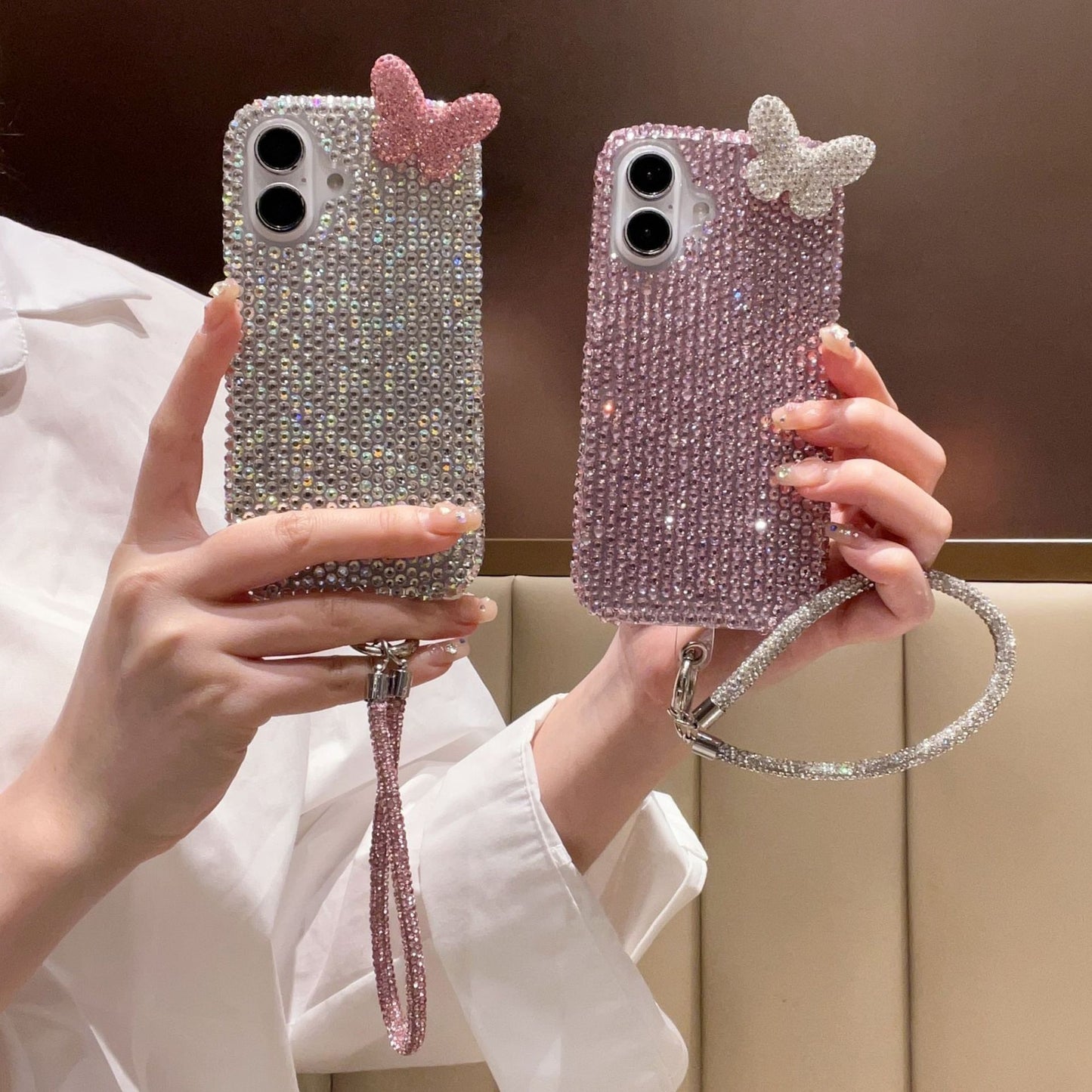 3D butterfly full bling cover for iphone 16 15 14 anti-drop protective cover for iphone 15 pro max with lanyard