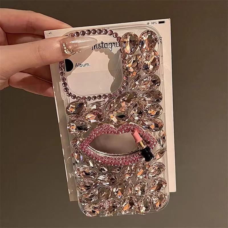 Luxury Rhinestone Case For iPhone 16 Pro Max Full Diamond Lip Protective Cover DIY Design For iphone 16 15 14