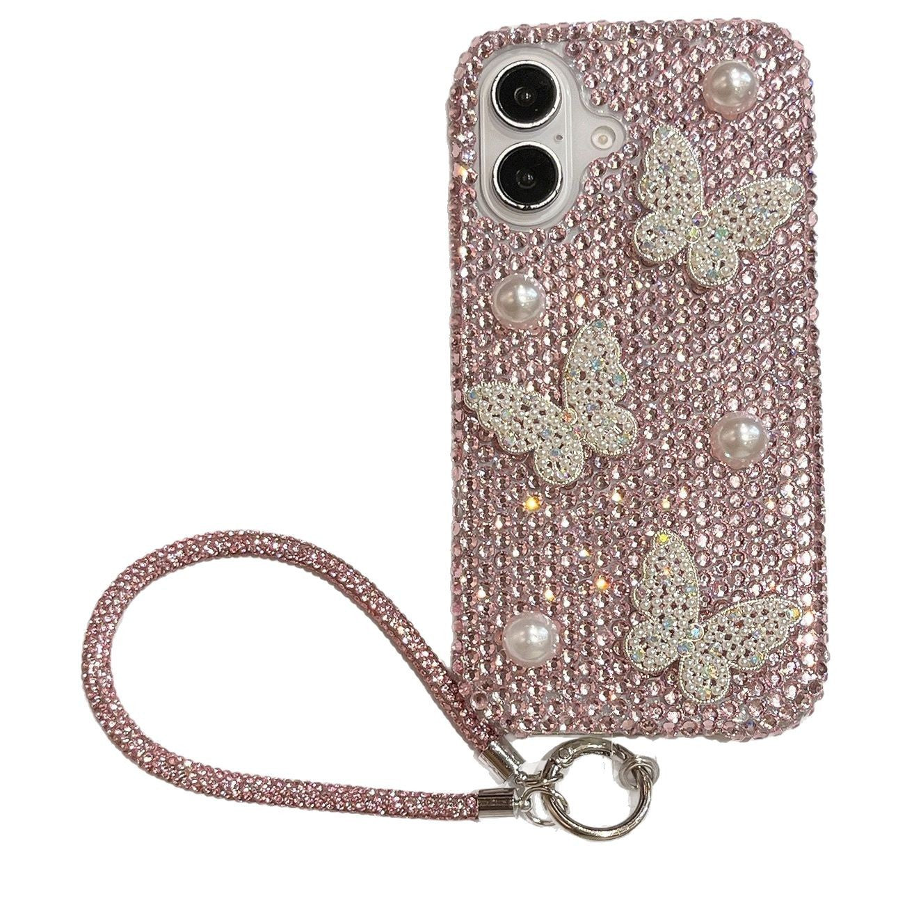 3D Pearl Butterfly Case for iPhone 16 Pro Max Premium Mobile Phone Cover for iphone 16 14 15 13 with lanyard