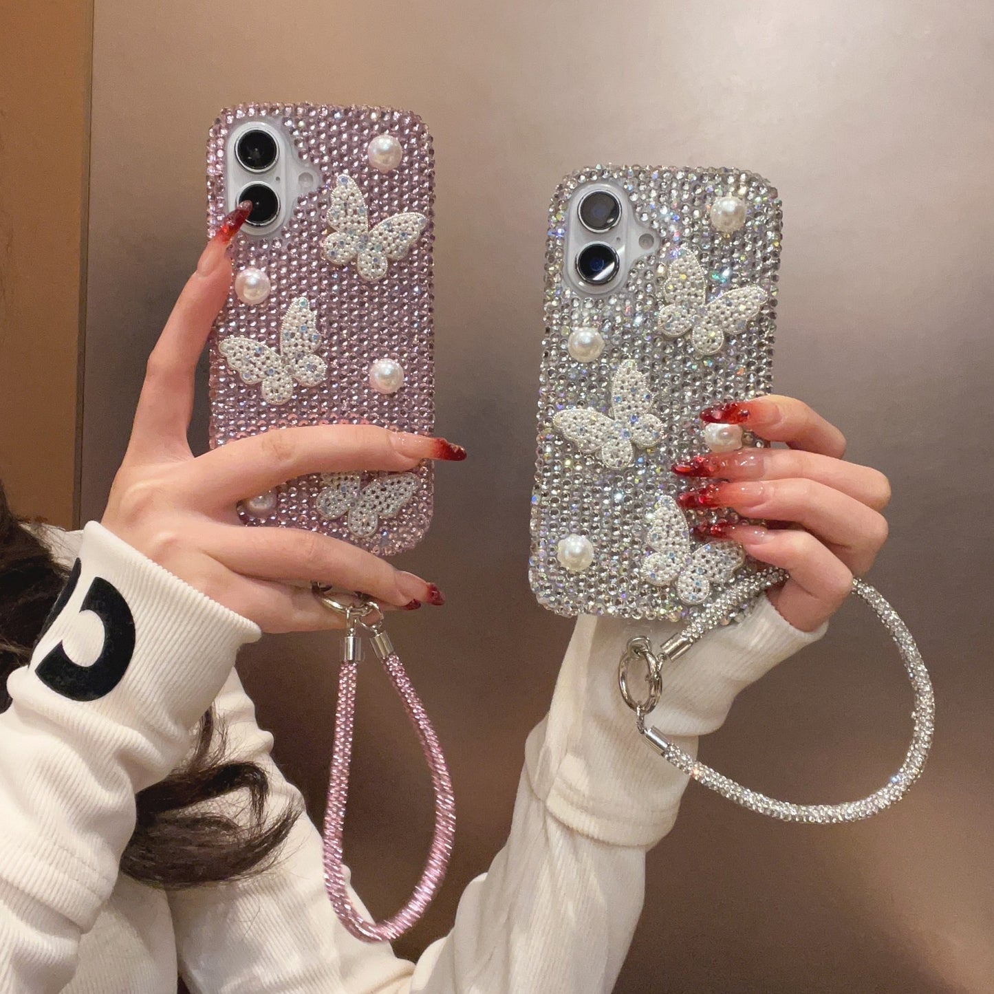 3D Pearl Butterfly Case for iPhone 16 Pro Max Premium Mobile Phone Cover for iphone 16 14 15 13 with lanyard