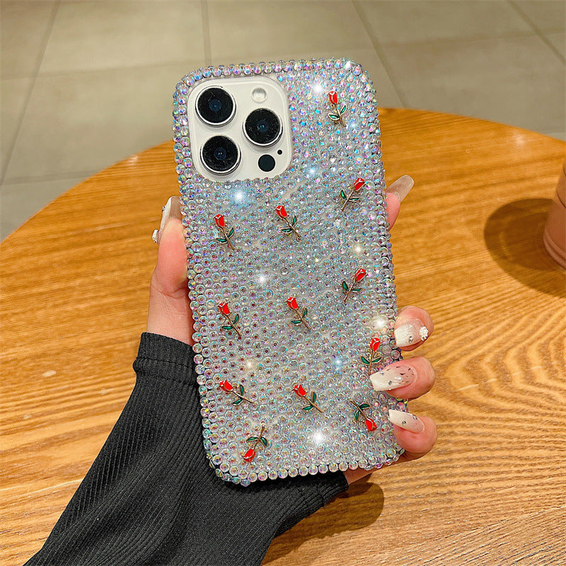 New Diamond Roses Bling Case for iPhone 16 Pro Max Full Screen 3D Flower Design Luxury Protective Cover for iphone 15 14 13 12 11