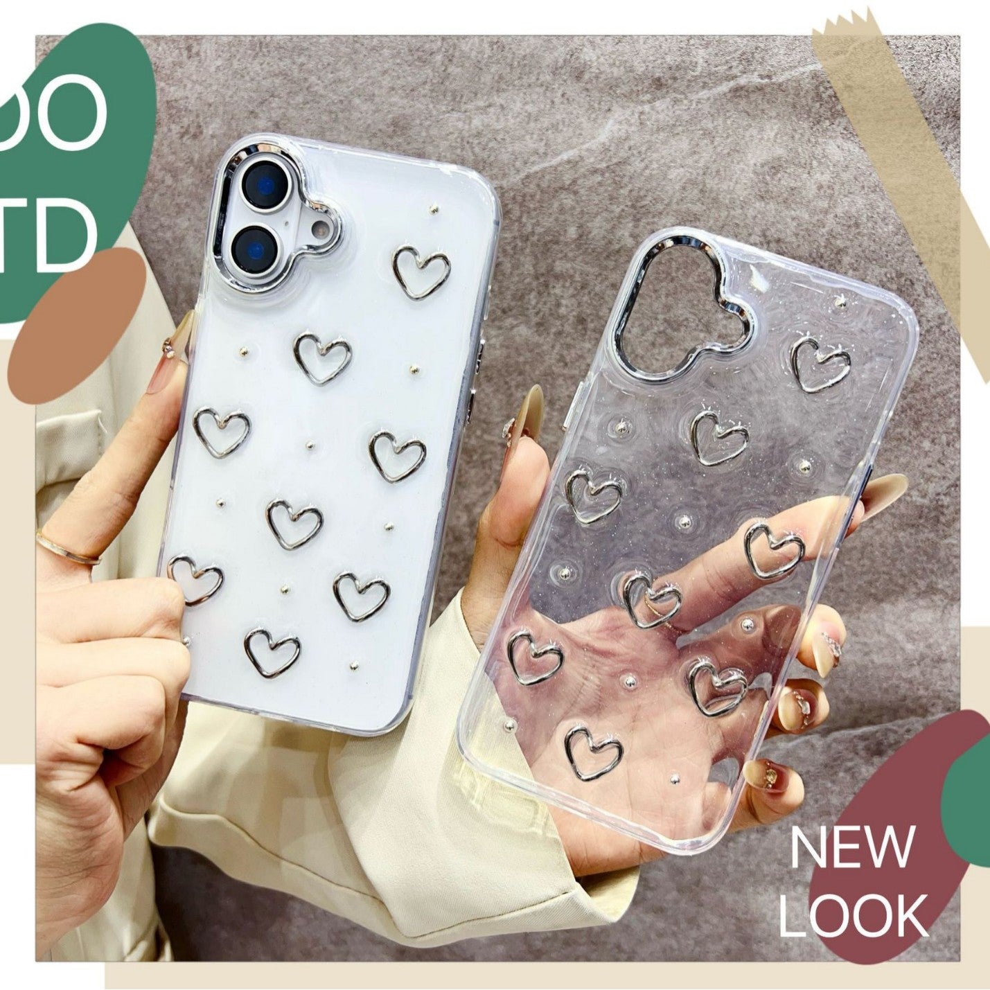 Glitter heart silver anti-drop transparent case for iphone 16 15 14 13 12 11 protective case new hot sales