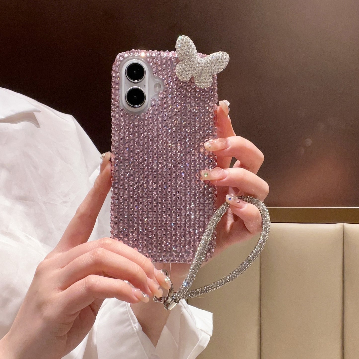 3D butterfly full bling cover for iphone 16 15 14 anti-drop protective cover for iphone 15 pro max with lanyard