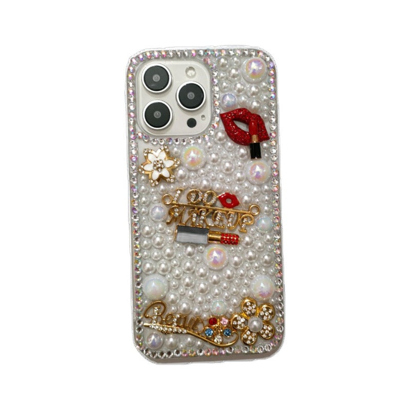 Lipstick Pearl Rhinestone Case for iPhone 14 15 16 Pro Max Diamond Stick Flower Protective Cover