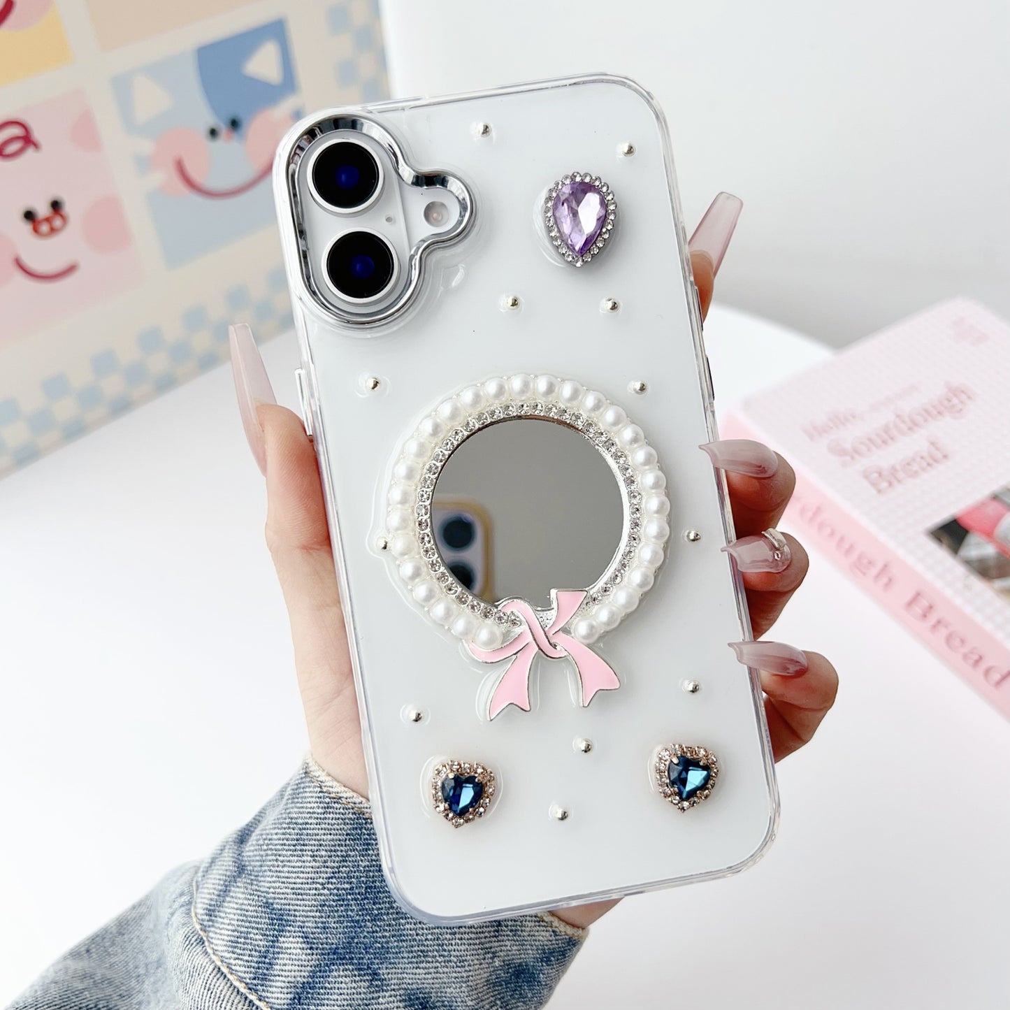 Pearl bow mirror case for iPhone16 15 14 13 12 11 Pro max