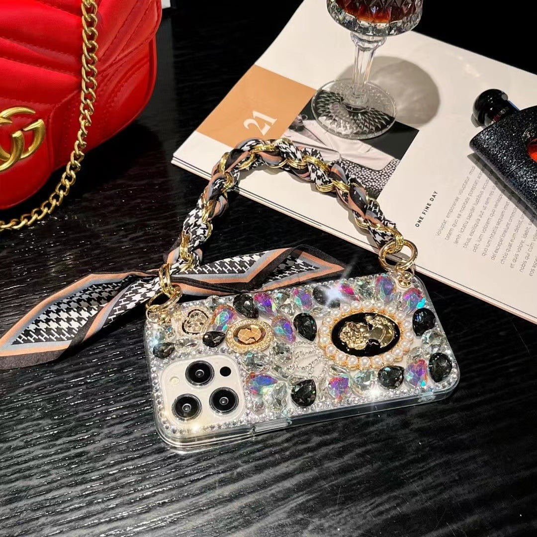 New Diamond Phone Case with Hand Chain Rhinestone Glass Cover for S25 S24 S23 S24 UL S25ULTRA