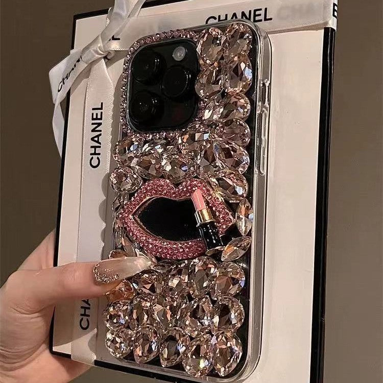Luxury Rhinestone Case For iPhone 16 Pro Max Full Diamond Lip Protective Cover DIY Design For iphone 16 15 14