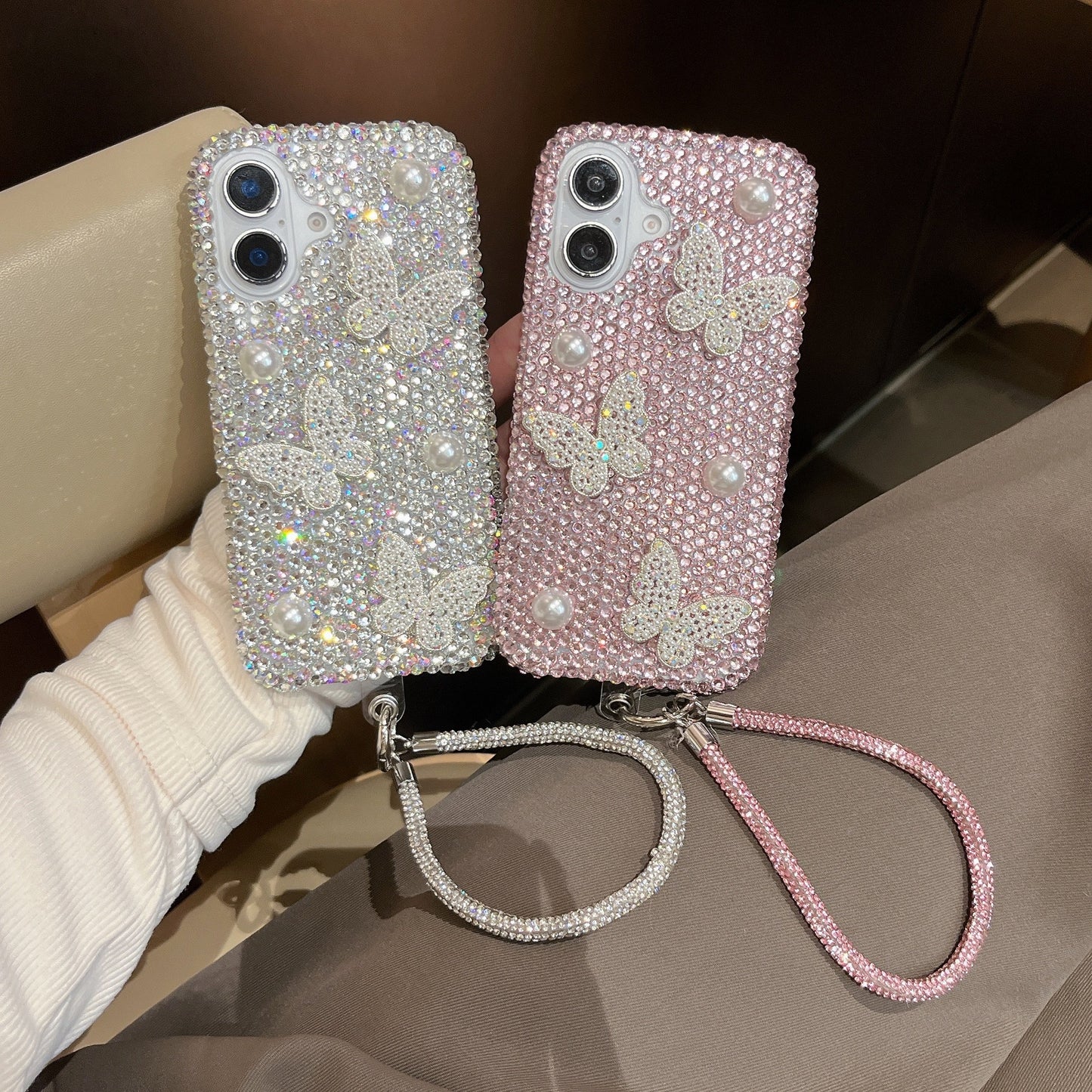 3D Pearl Butterfly Case for iPhone 16 Pro Max Premium Mobile Phone Cover for iphone 16 14 15 13 with lanyard