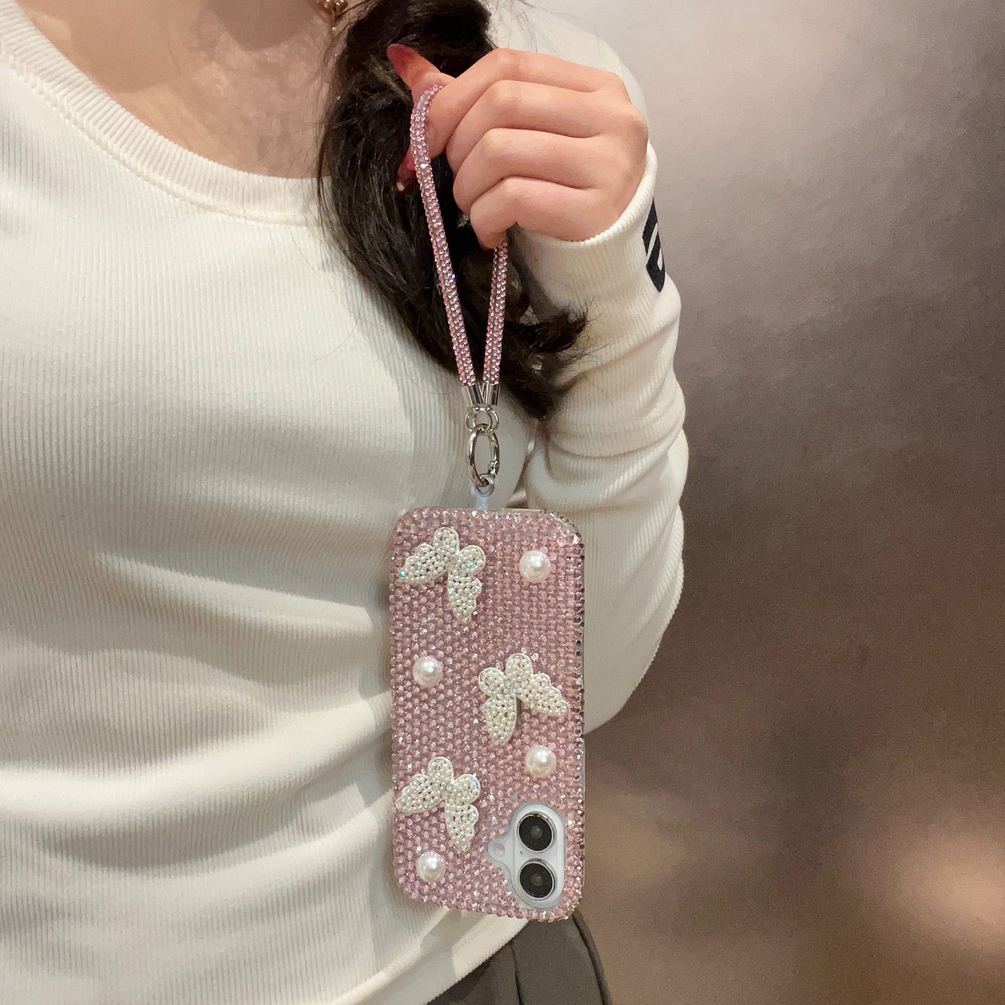 3D Pearl Butterfly Case for iPhone 16 Pro Max Premium Mobile Phone Cover for iphone 16 14 15 13 with lanyard