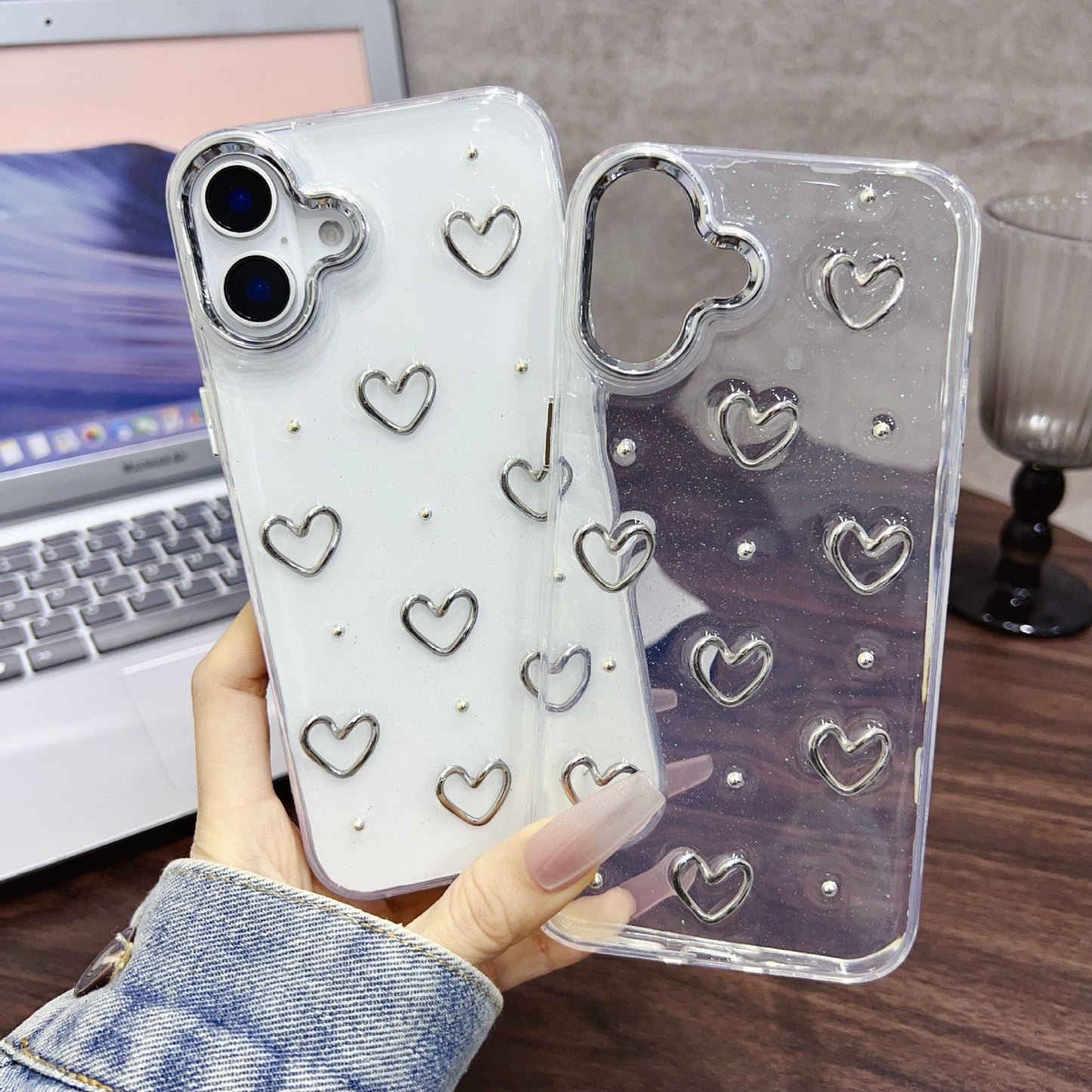 Glitter heart silver anti-drop transparent case for iphone 16 15 14 13 12 11 protective case new hot sales