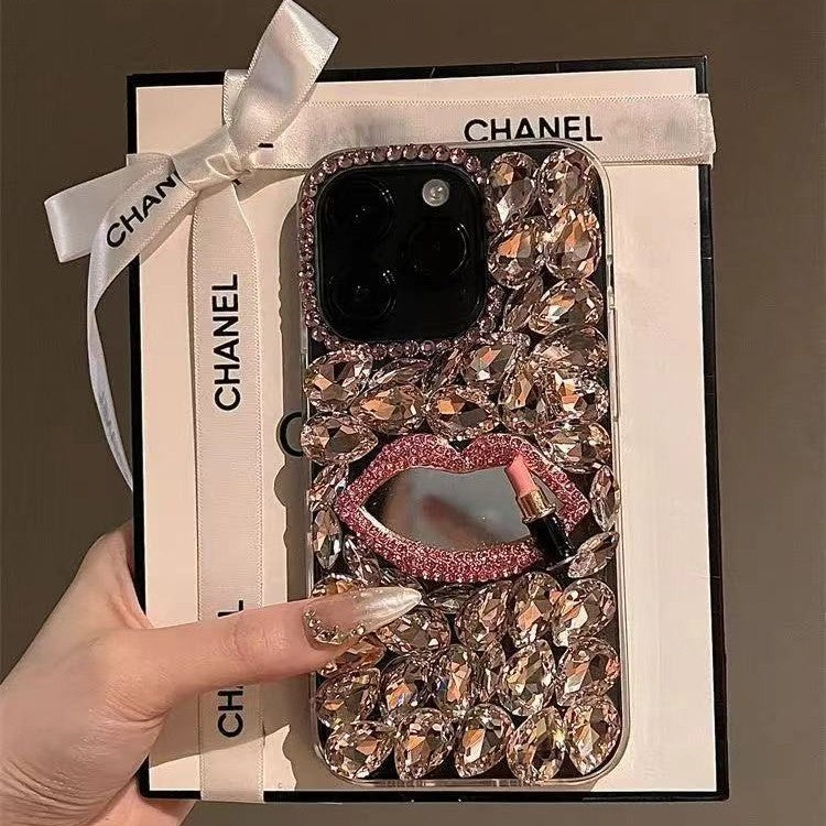 Luxury Rhinestone Case For iPhone 16 Pro Max Full Diamond Lip Protective Cover DIY Design For iphone 16 15 14