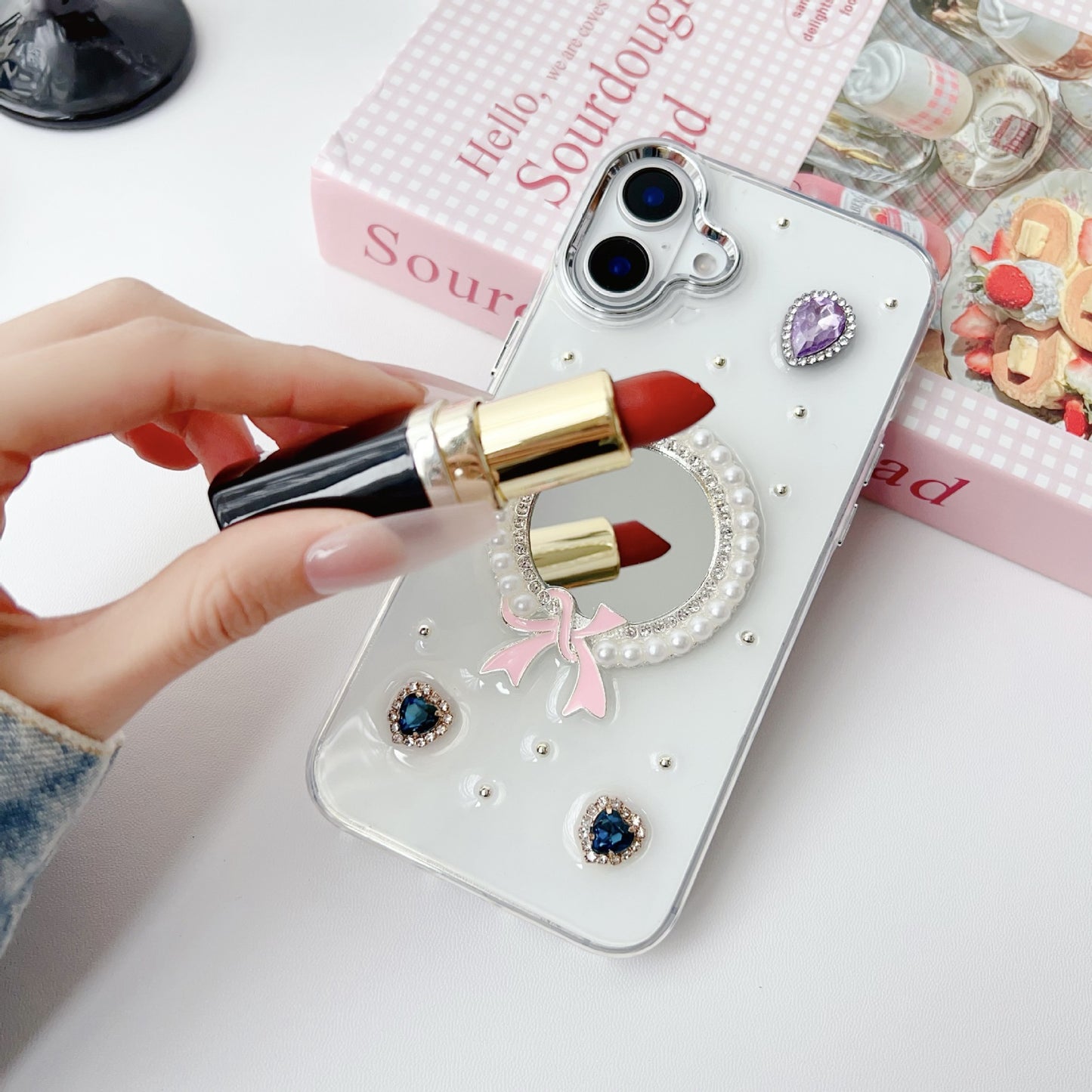 Pearl bow mirror case for iPhone16 15 14 13 12 11 Pro max