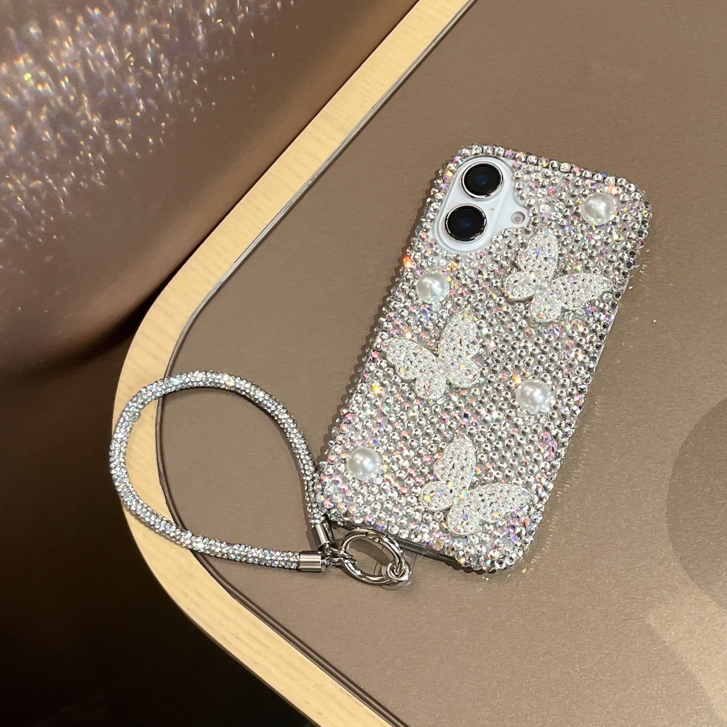 3D Pearl Butterfly Case for iPhone 16 Pro Max Premium Mobile Phone Cover for iphone 16 14 15 13 with lanyard