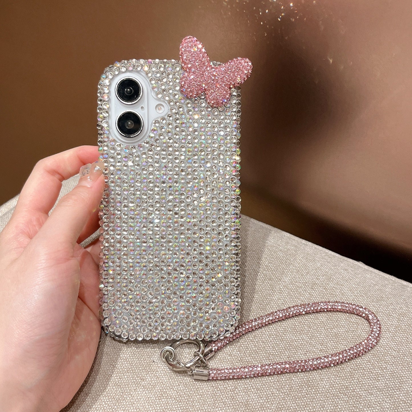 3D butterfly full bling cover for iphone 16 15 14 anti-drop protective cover for iphone 15 pro max with lanyard
