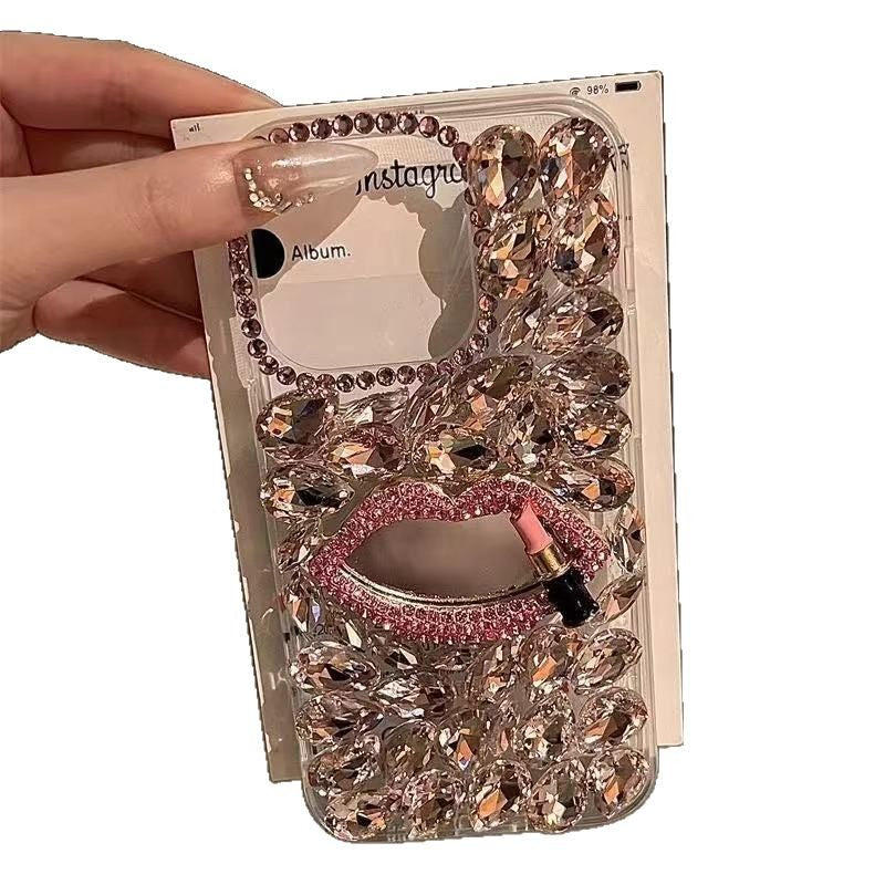 Luxury Rhinestone Case For iPhone 16 Pro Max Full Diamond Lip Protective Cover DIY Design For iphone 16 15 14