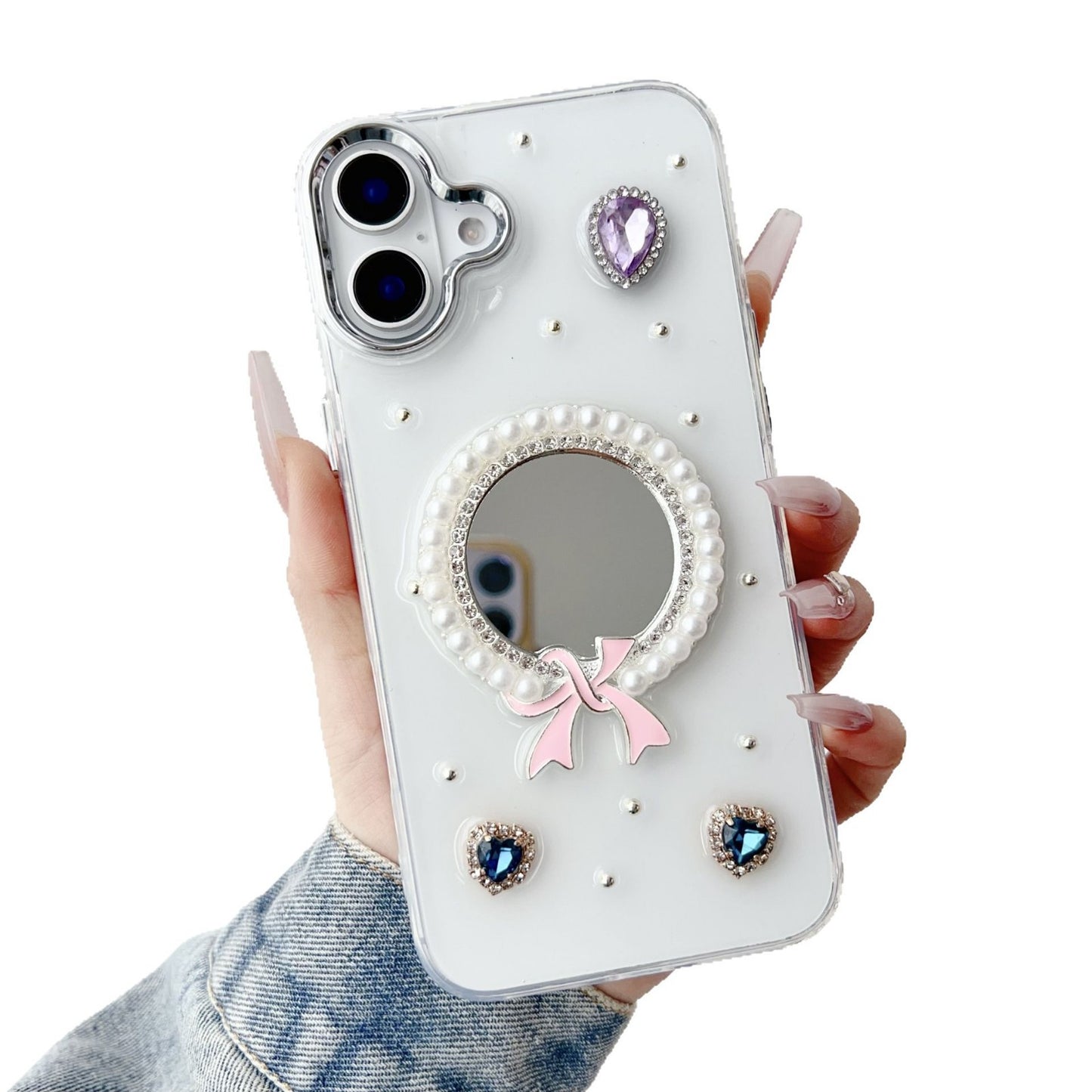 Pearl bow mirror case for iPhone16 15 14 13 12 11 Pro max