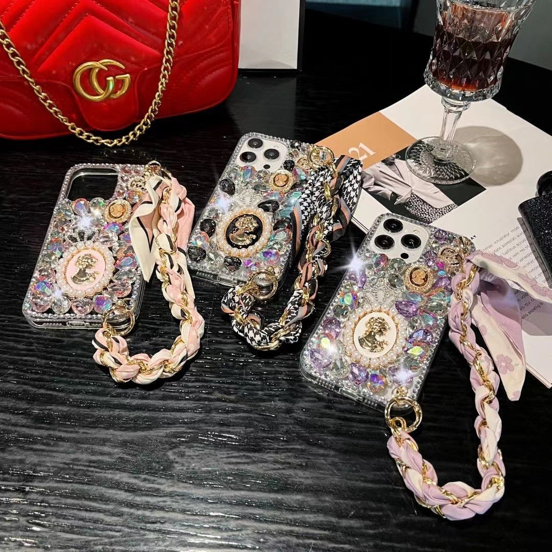 New Diamond Phone Case with Hand Chain Rhinestone Glass Cover for S25 S24 S23 S24 UL S25ULTRA