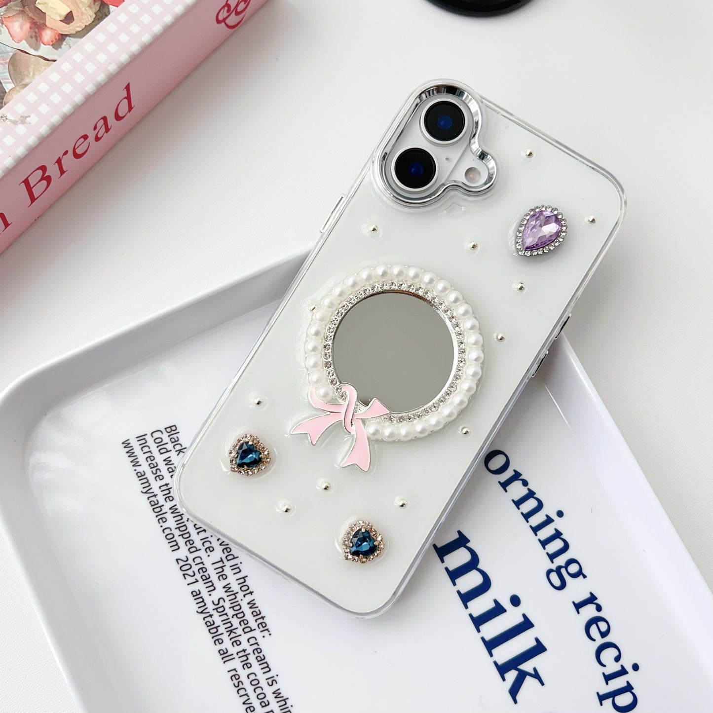 Pearl bow mirror case for iPhone16 15 14 13 12 11 Pro max