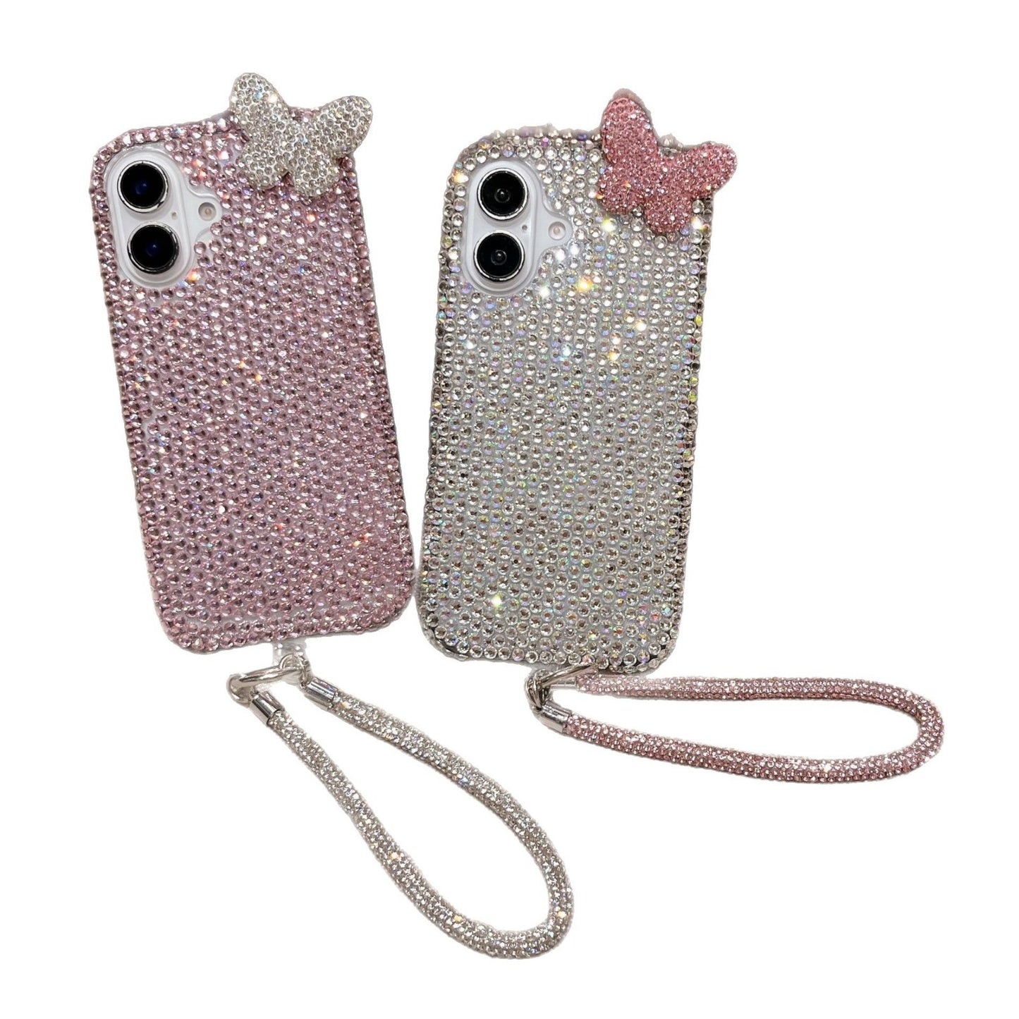 3D butterfly full bling cover for iphone 16 15 14 anti-drop protective cover for iphone 15 pro max with lanyard