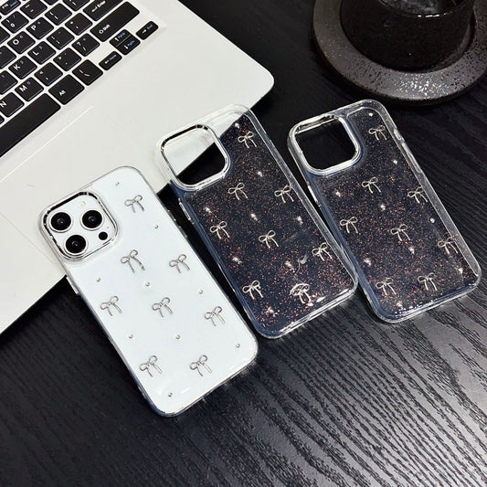 Glitter bow Silver Case for iPhone 16/15/14/13/12/11 new trendy