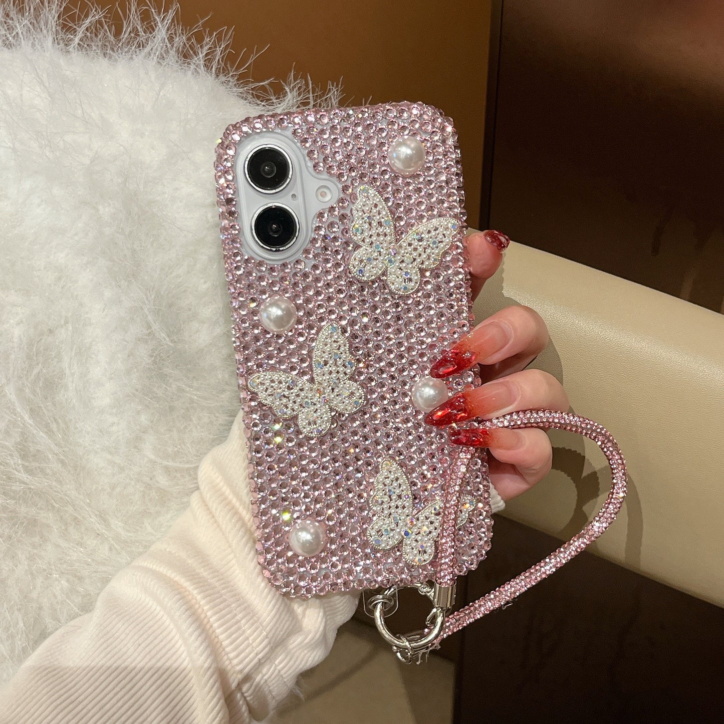 3D Pearl Butterfly Case for iPhone 16 Pro Max Premium Mobile Phone Cover for iphone 16 14 15 13 with lanyard