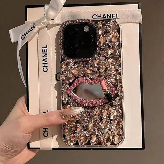 Luxury Rhinestone Case For iPhone 16 Pro Max Full Diamond Lip Protective Cover DIY Design For iphone 16 15 14