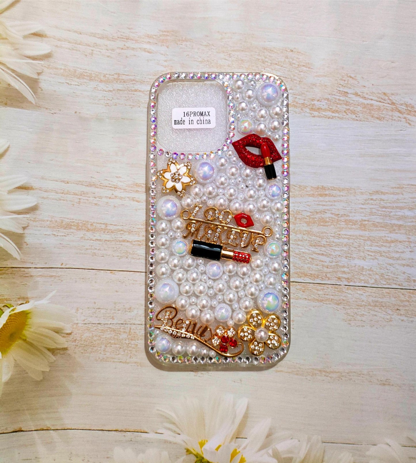 Lipstick Pearl Rhinestone Case for iPhone 14 15 16 Pro Max Diamond Stick Flower Protective Cover
