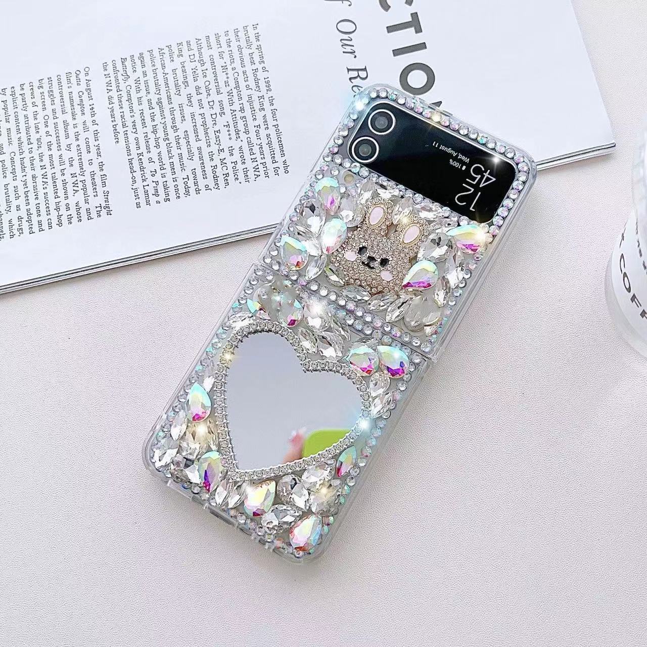 Rhinestone Mirror Case for Samsung Z Flip 6 5 4 3  Folding Phone Protective Cover with make up mirror