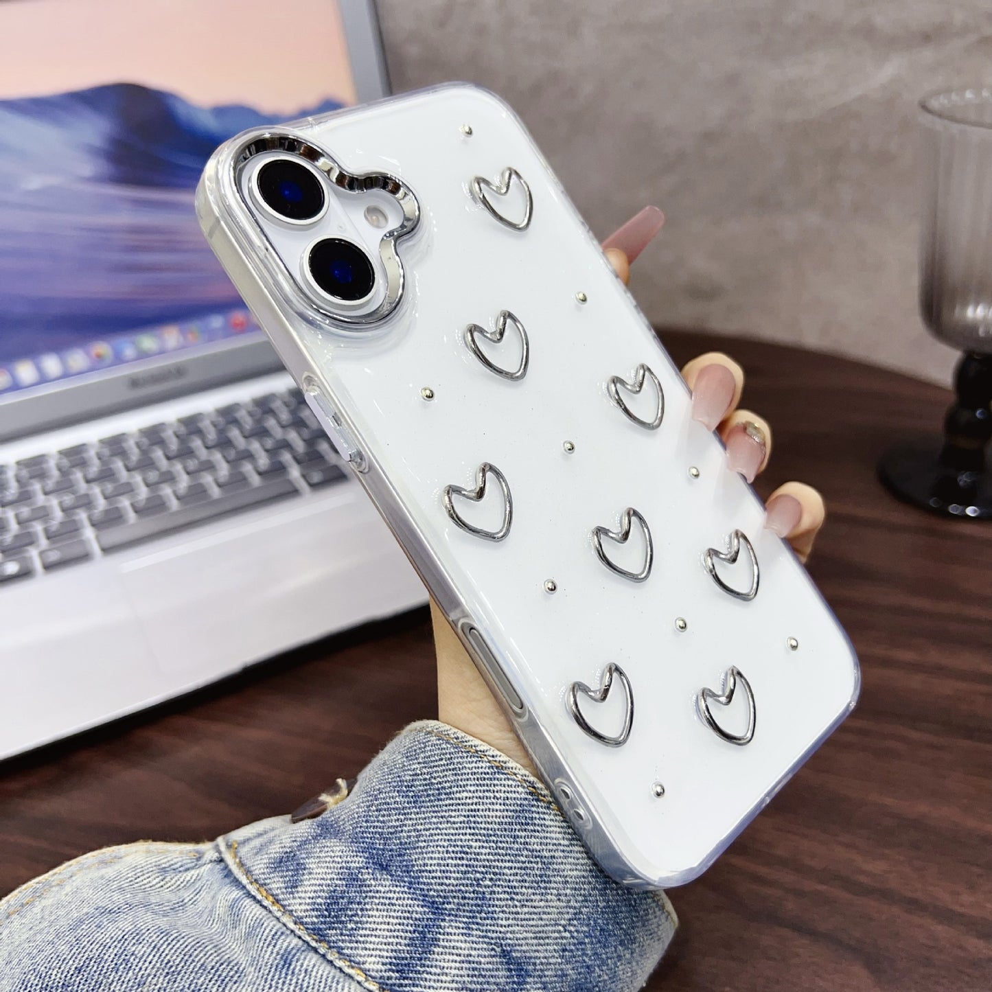 Glitter heart silver  anti-drop transparent case for iphone 16 15 14 13 12 11 protective case new hot sales