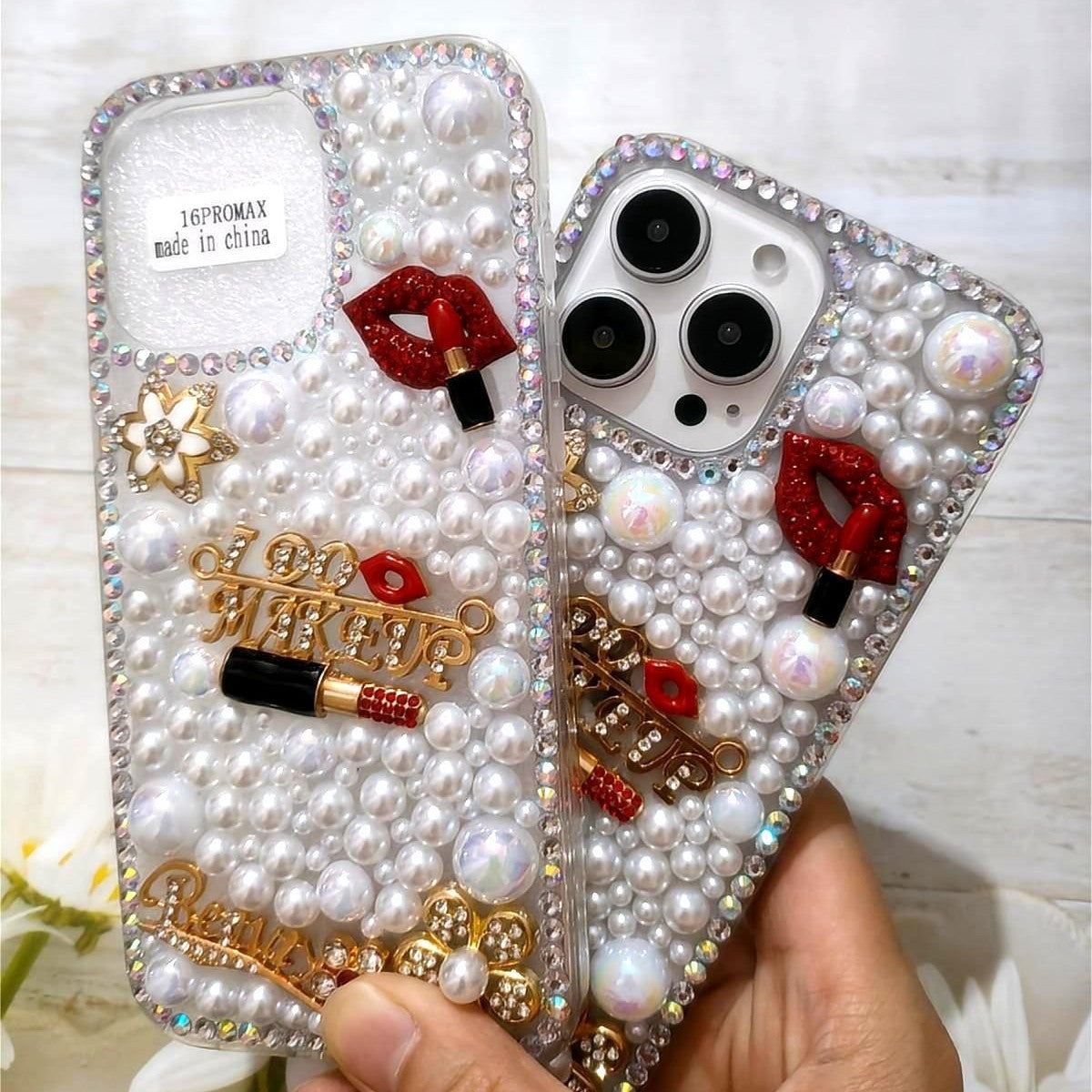 Lipstick Pearl Rhinestone Case for iPhone 14 15 16 Pro Max Diamond Stick Flower Protective Cover