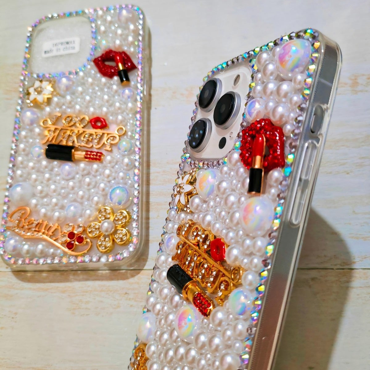 Lipstick Pearl Rhinestone Case for iPhone 14 15 16 Pro Max Diamond Stick Flower Protective Cover