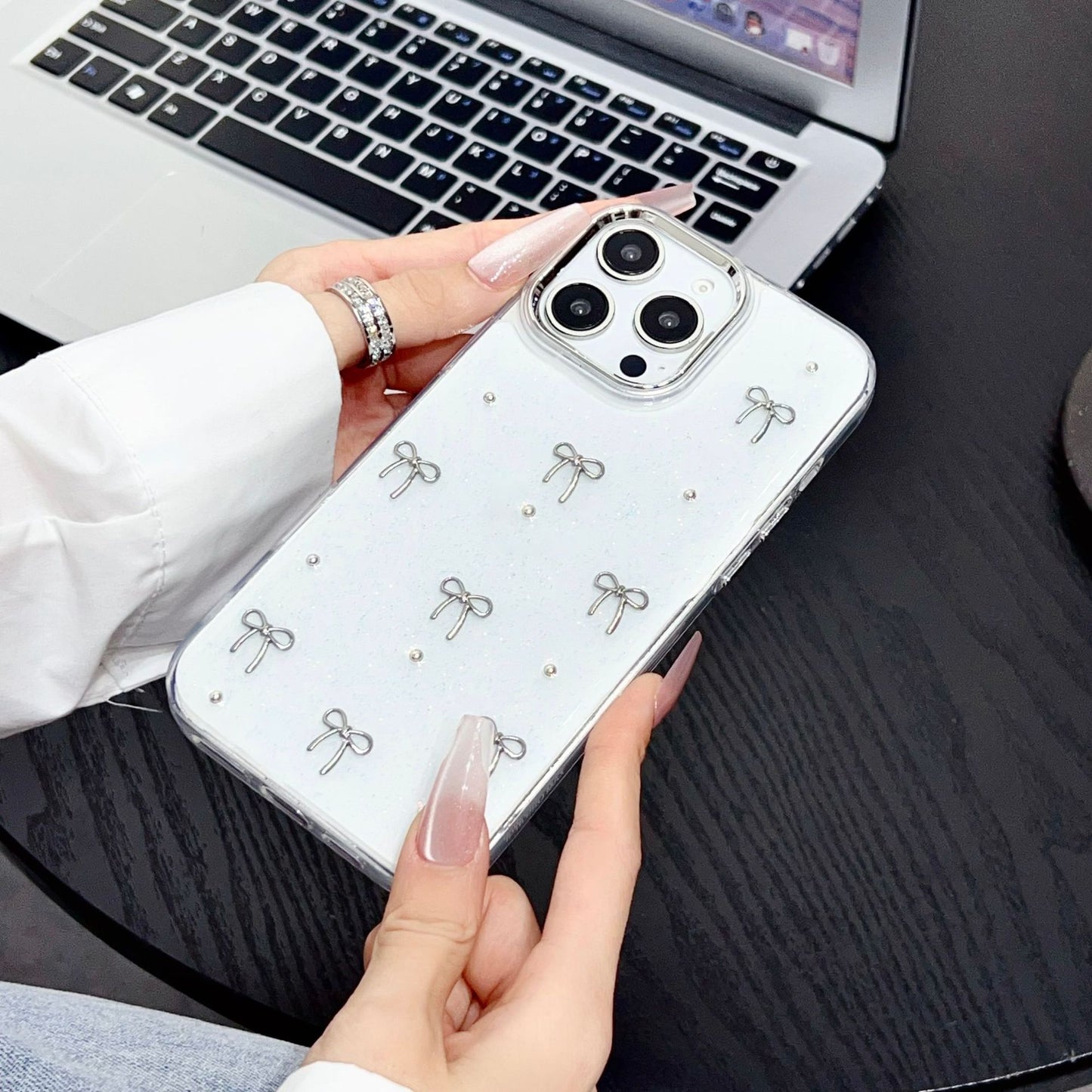 Glitter bow Silver Case for iPhone 16/15/14/13/12/11 new trendy