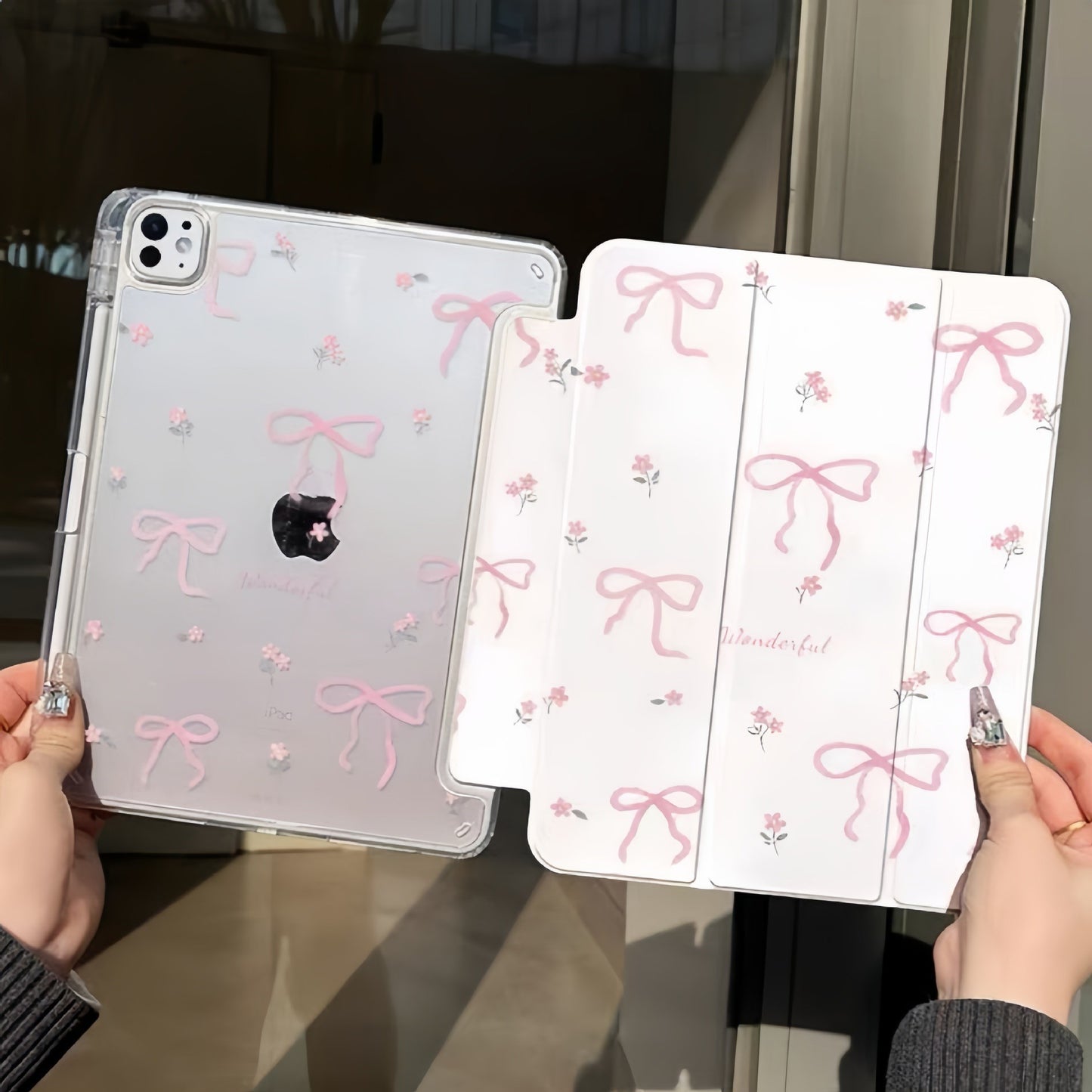 Pink bow Y fold leather case for iPad Air 4 5 transparent protective flip tablet case for ipad Pro 10