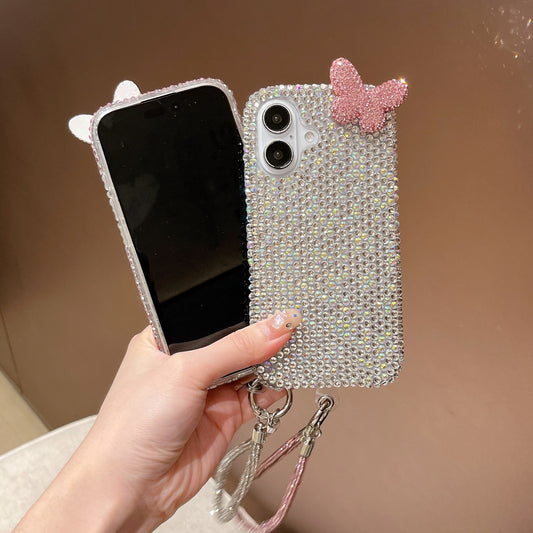 3D butterfly full bling cover for iphone 16 15 14 anti-drop protective cover for iphone 15 pro max with lanyard