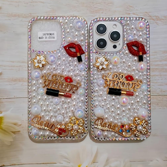 Lipstick Pearl Rhinestone Case for iPhone 14 15 16 Pro Max Diamond Stick Flower Protective Cover