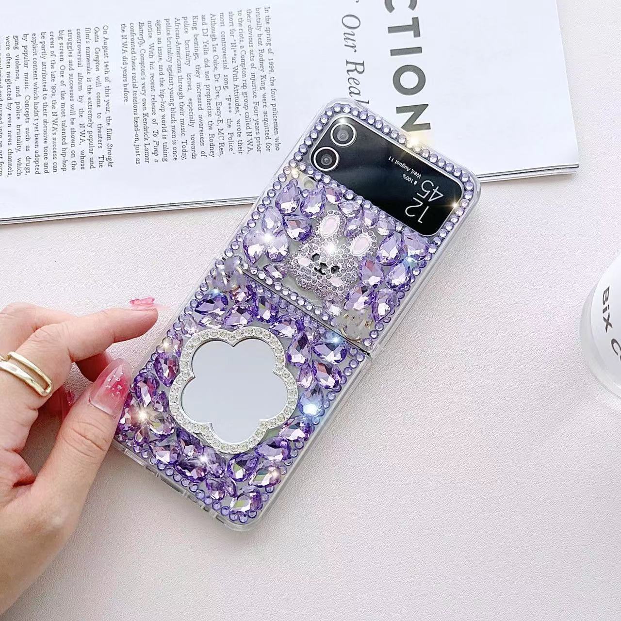 Rhinestone Mirror Case for Samsung Z Flip 6 5 4 3  Folding Phone Protective Cover with make up mirror