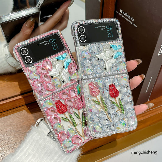 3D flower luxe case for  Samsung z flip3  4 5 6 folding rhinestone cover for samsung S25u 24u 23u  fold 3 4 5 6