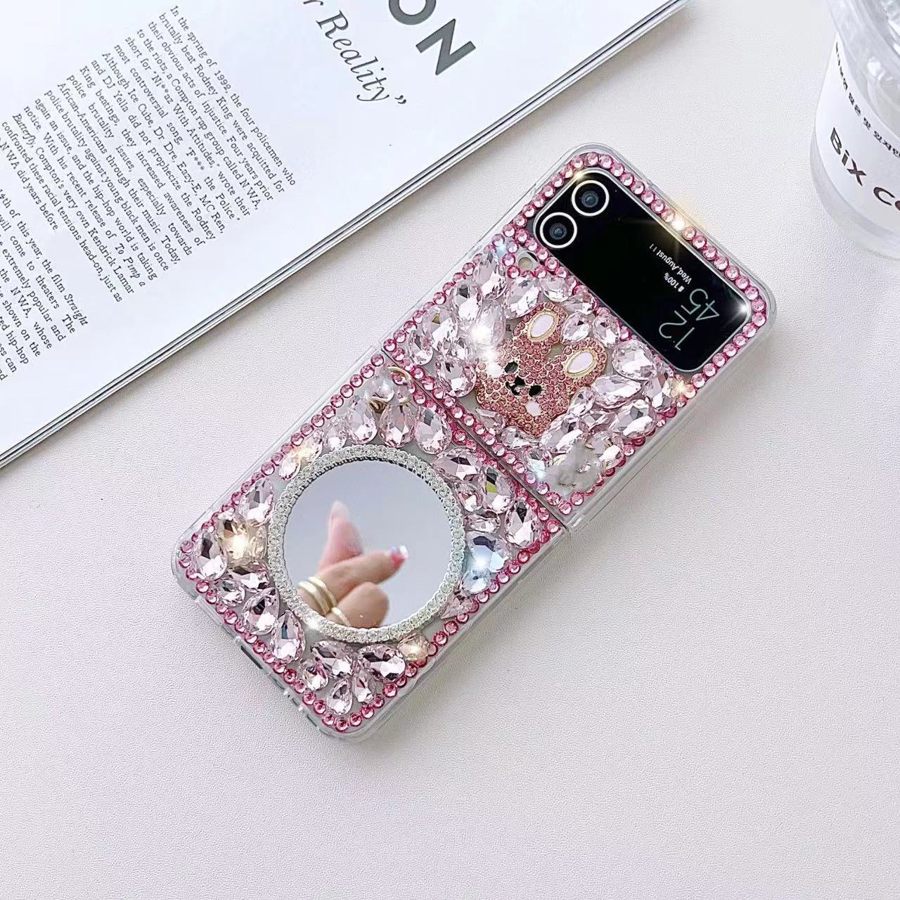 Rhinestone Mirror Case for Samsung Z Flip 6 5 4 3  Folding Phone Protective Cover with make up mirror